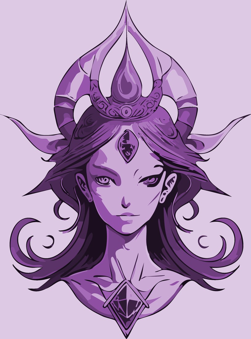 Vouivre: the crowned, horned vouivre with a gem on her brow, in purple on lavender